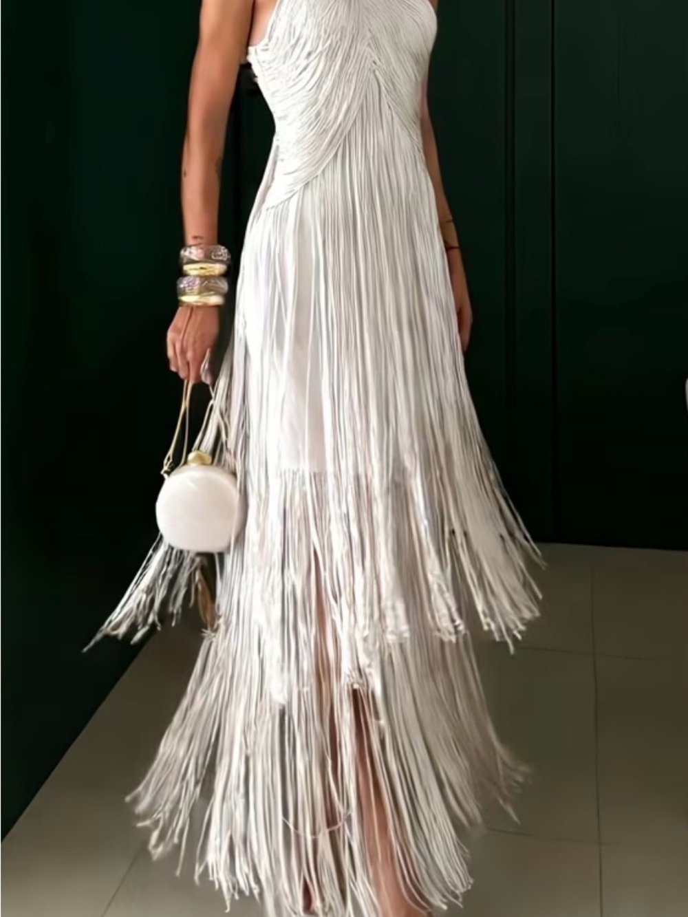 Ivory Fringe Maxi Dress - Women's Elegant Evening Gown